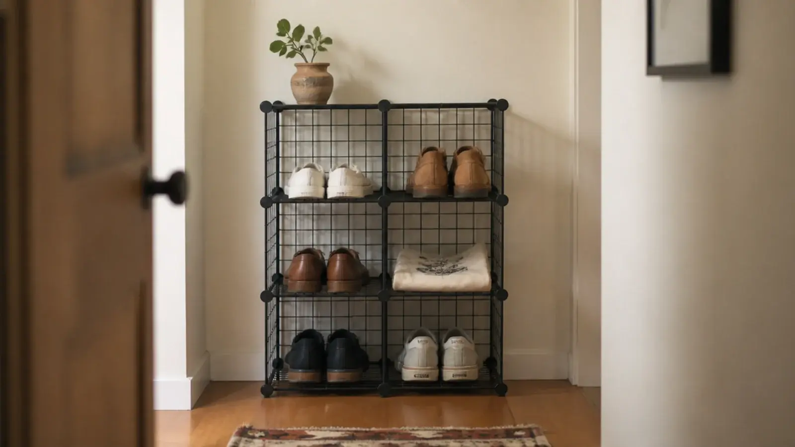 modular wire cube grid shelving holding shoes in a narrow hallway