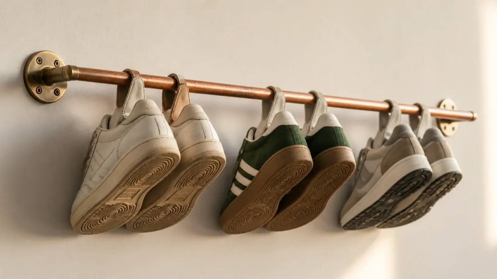 copper pipe rail mounted on a wall holding sneakers by their heels