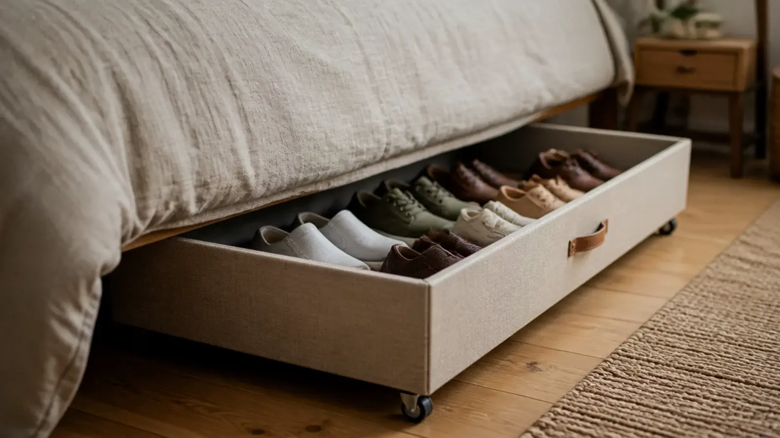 flat rolling storage boxes of shoes pulled from under a bed