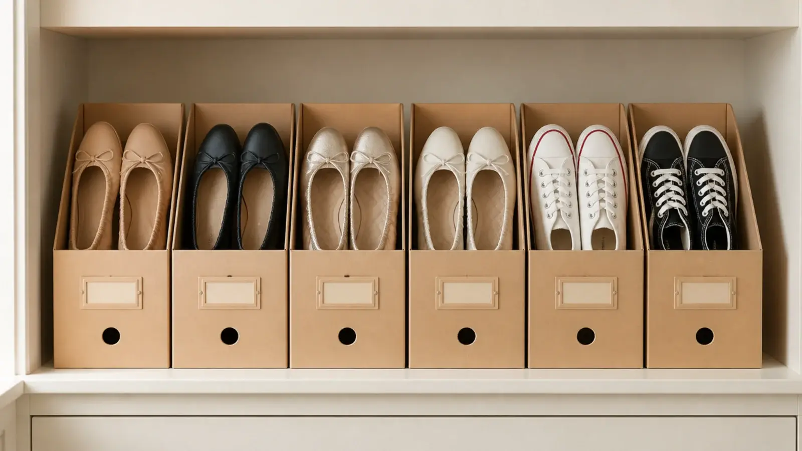upright magazine files on a closet shelf holding folded flat shoes