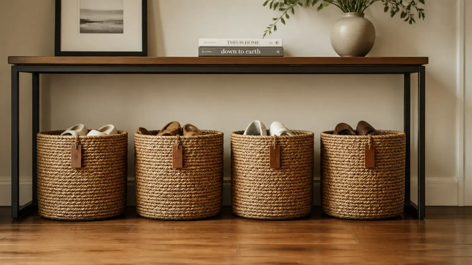 row of tagged woven baskets holding one household member shoes each