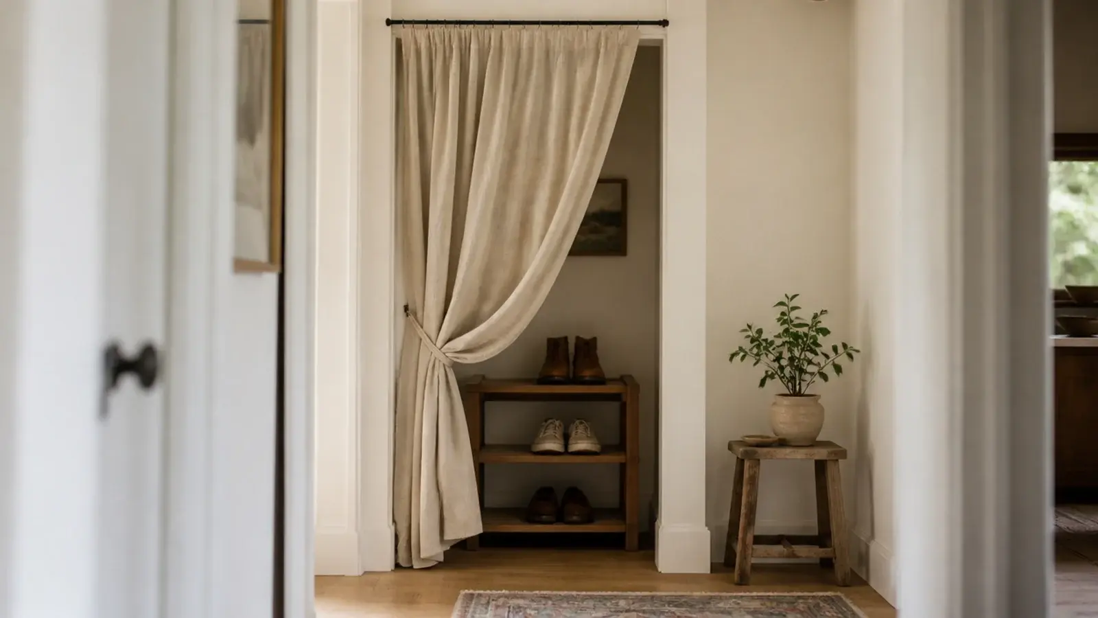 linen curtain drawn across an alcove hiding a budget shoe rack
