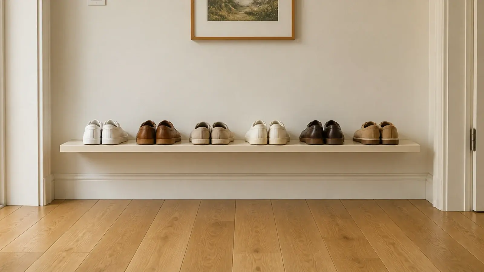 low shallow painted shoe shelf running along a hallway baseboard