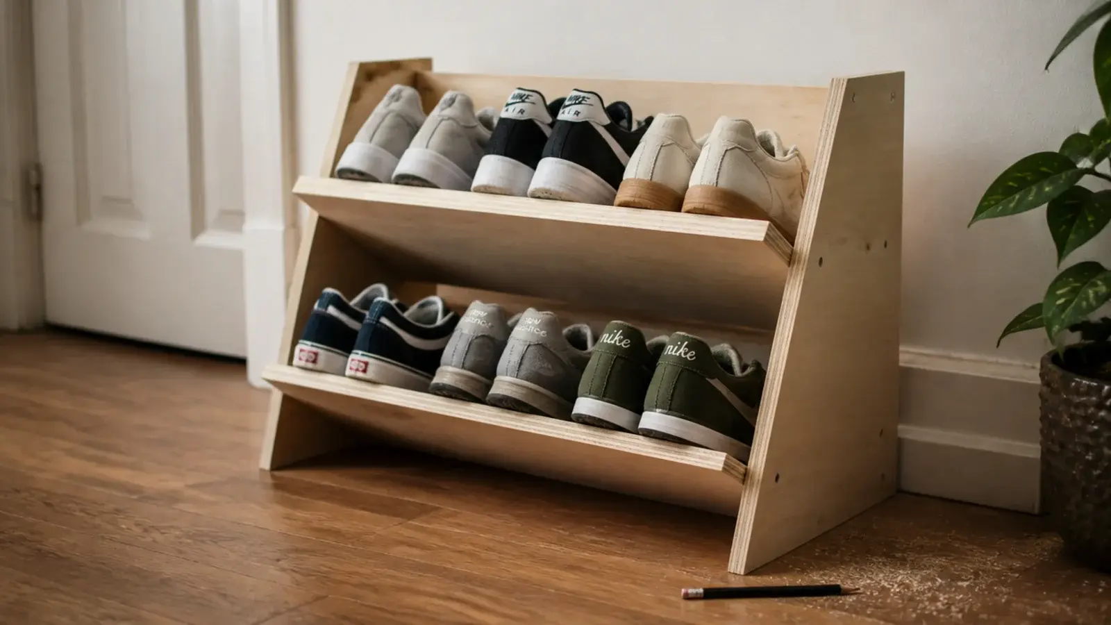 simple angled plywood shoe rack built from offcuts in a hallway