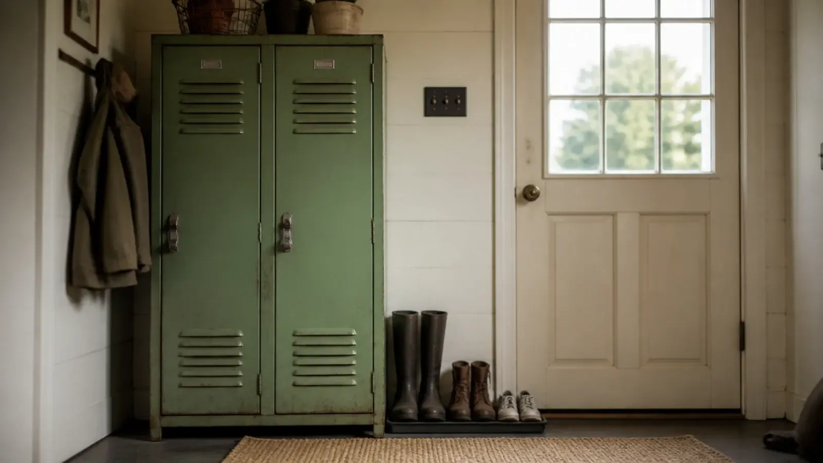 vintage metal lockers repurposed for shoes beside a back door