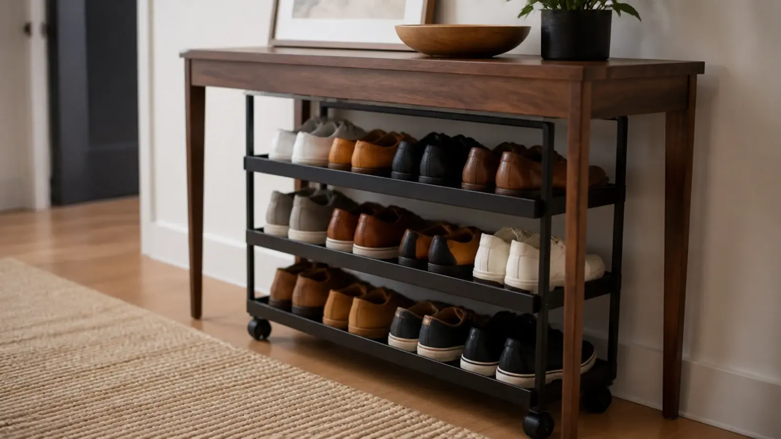 low rolling utility cart of shoes tucked under a hallway console