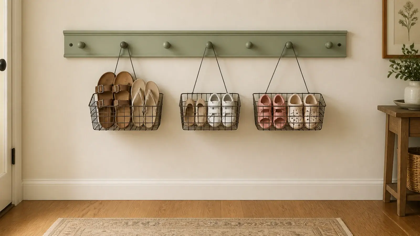 wooden peg rail with wire baskets holding shoes on a hallway wall