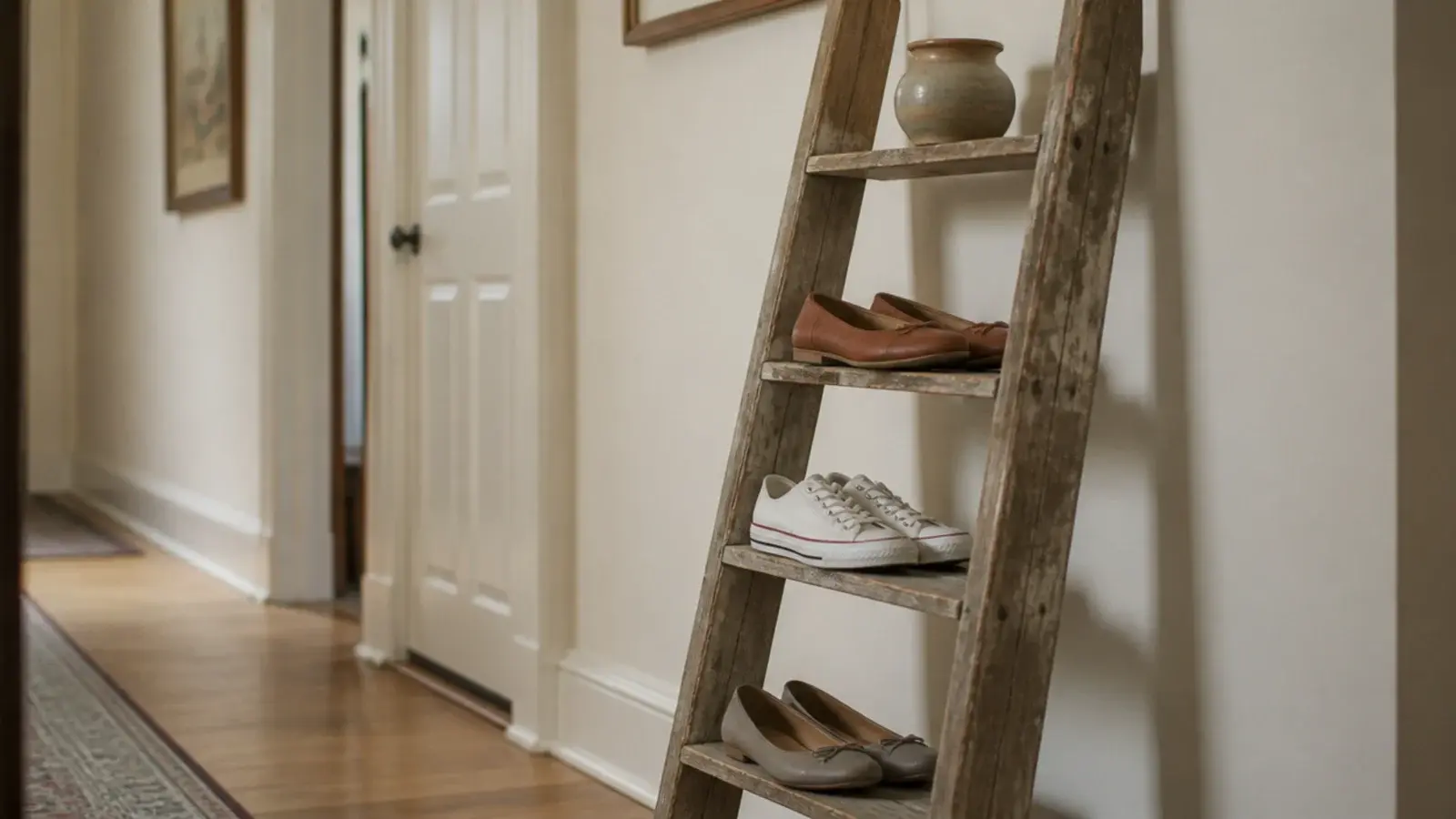 old wooden ladder leaned in a hallway holding flat shoes on rungs