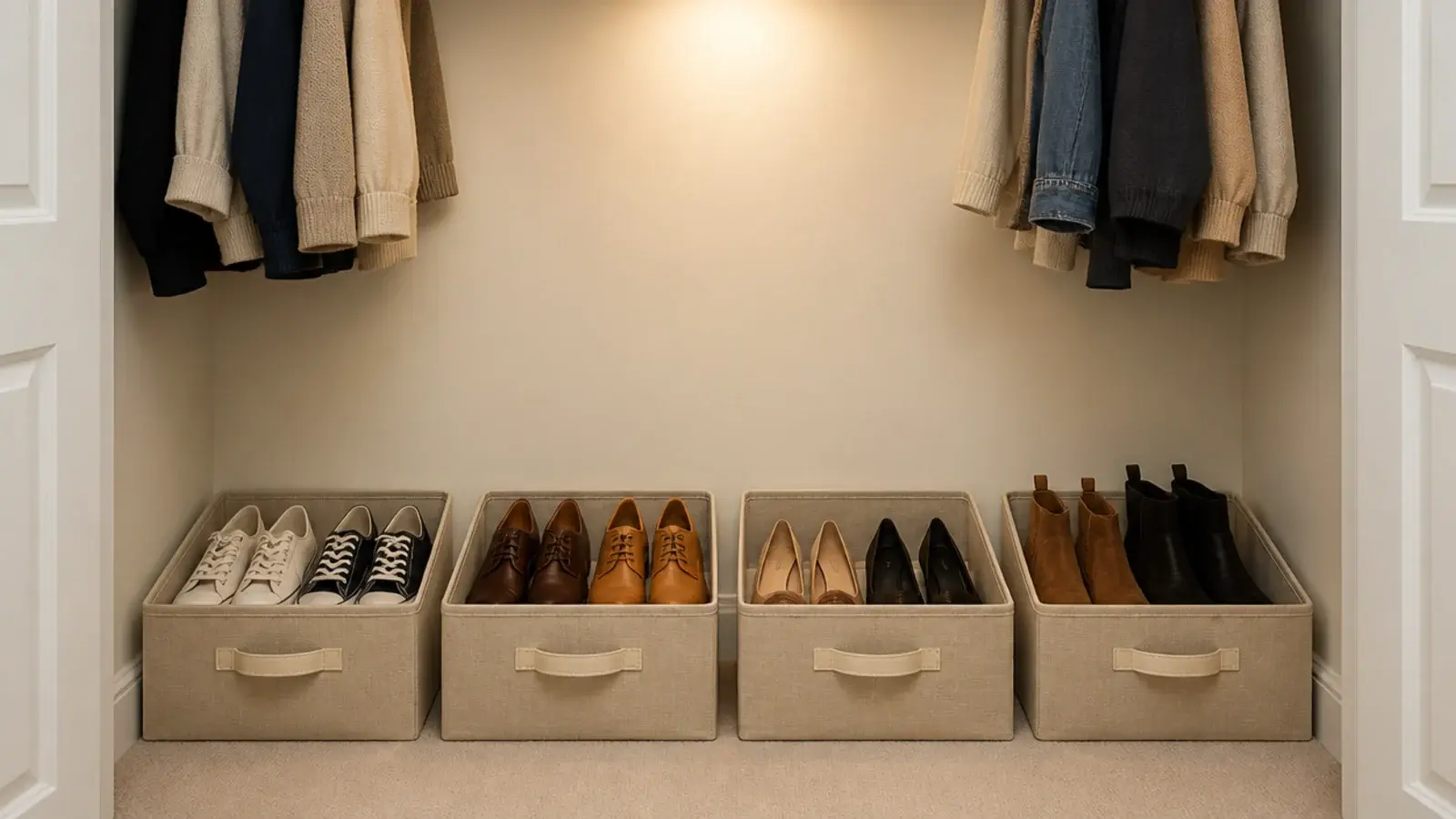 fabric pull out bins organising shoes across a closet floor