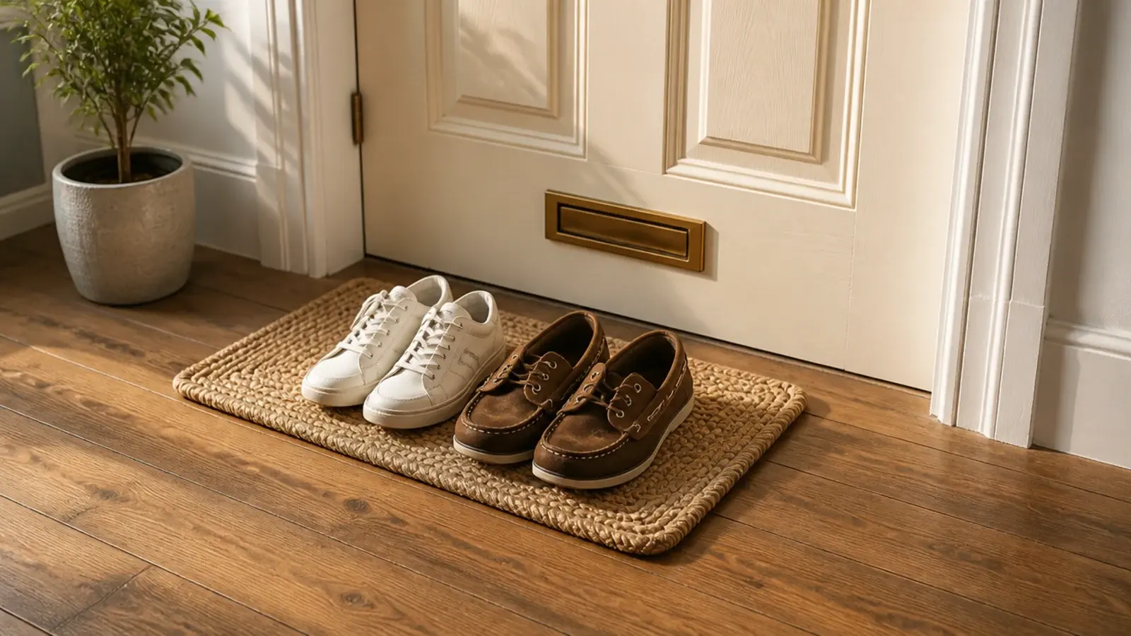 small jute mat by a door holding exactly two pairs of shoes