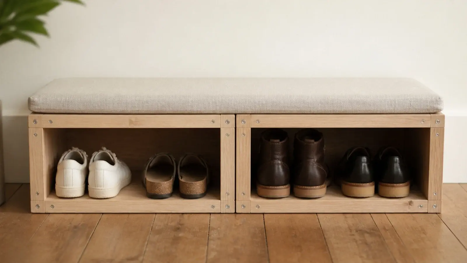 two crates joined into a shoe bench with a linen cushion above