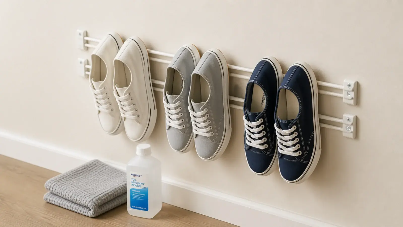 small adhesive heel rails on a wall holding lightweight flat shoes