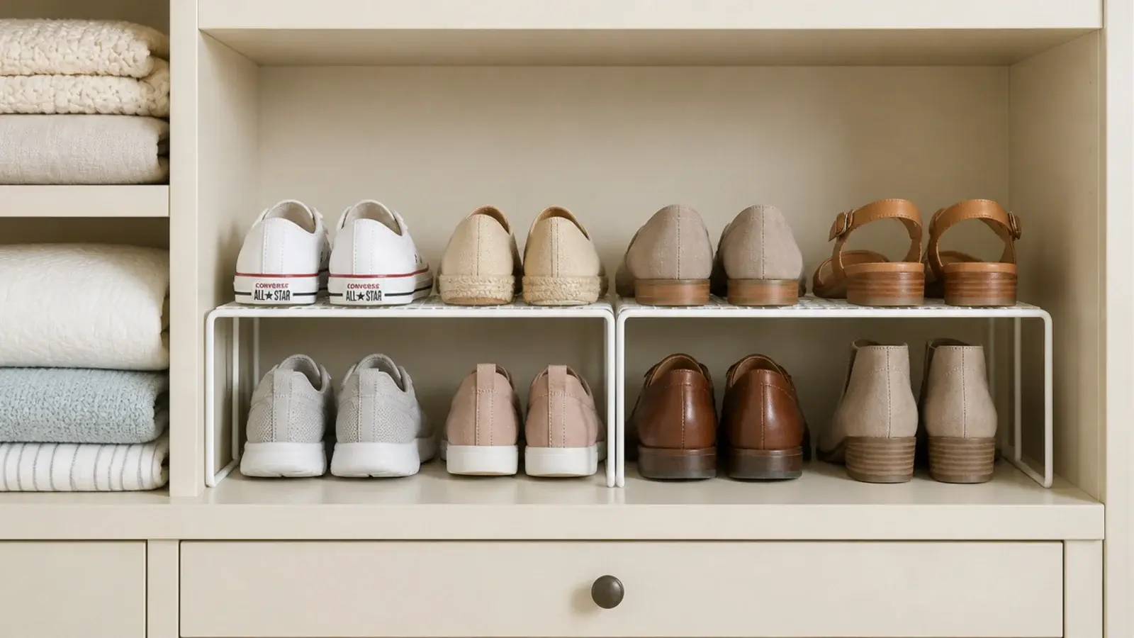 wire shelf risers stacking shoes in two layers inside a closet