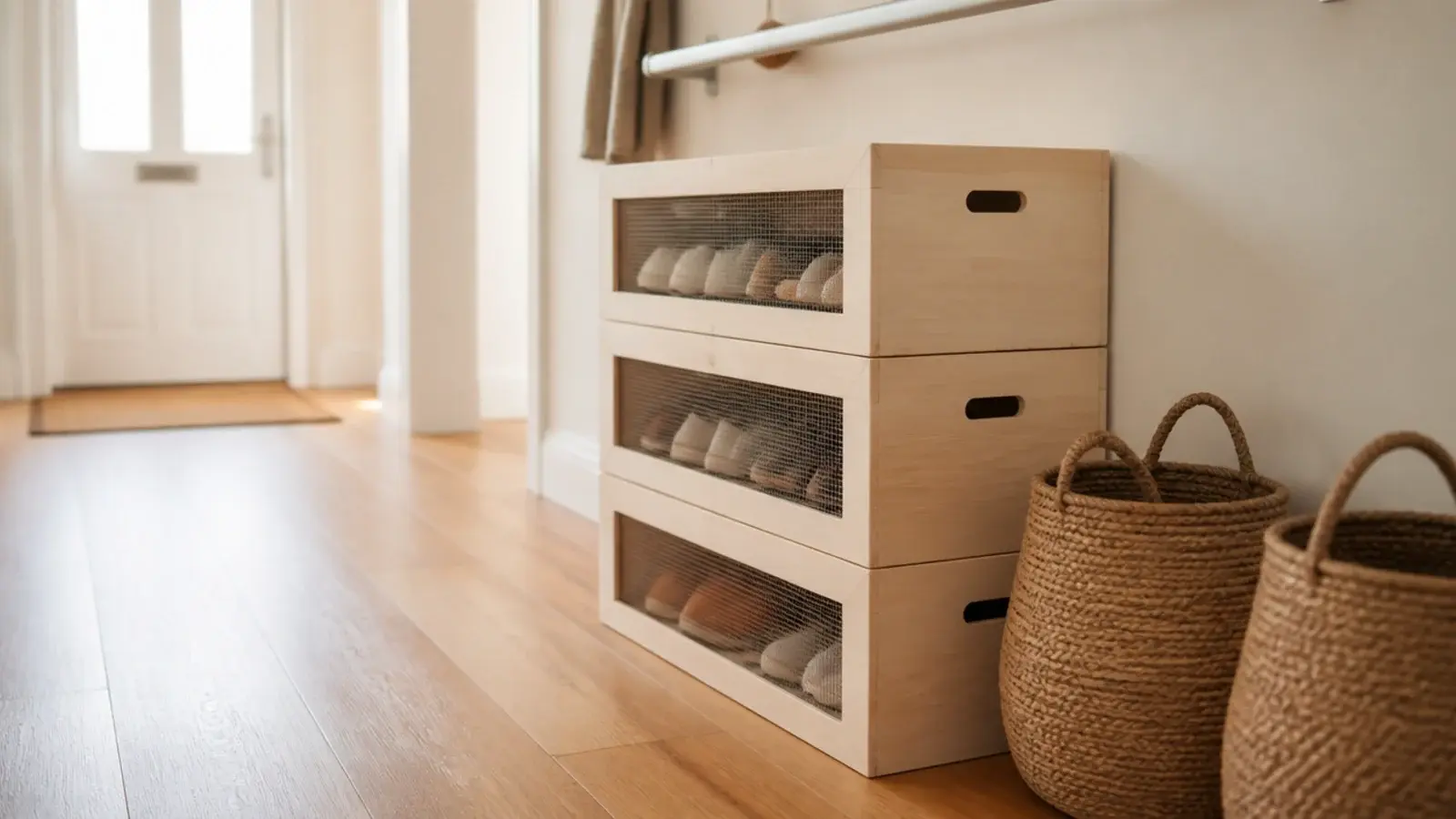 budget shoe storage with sealed crates and woven baskets in a hallway