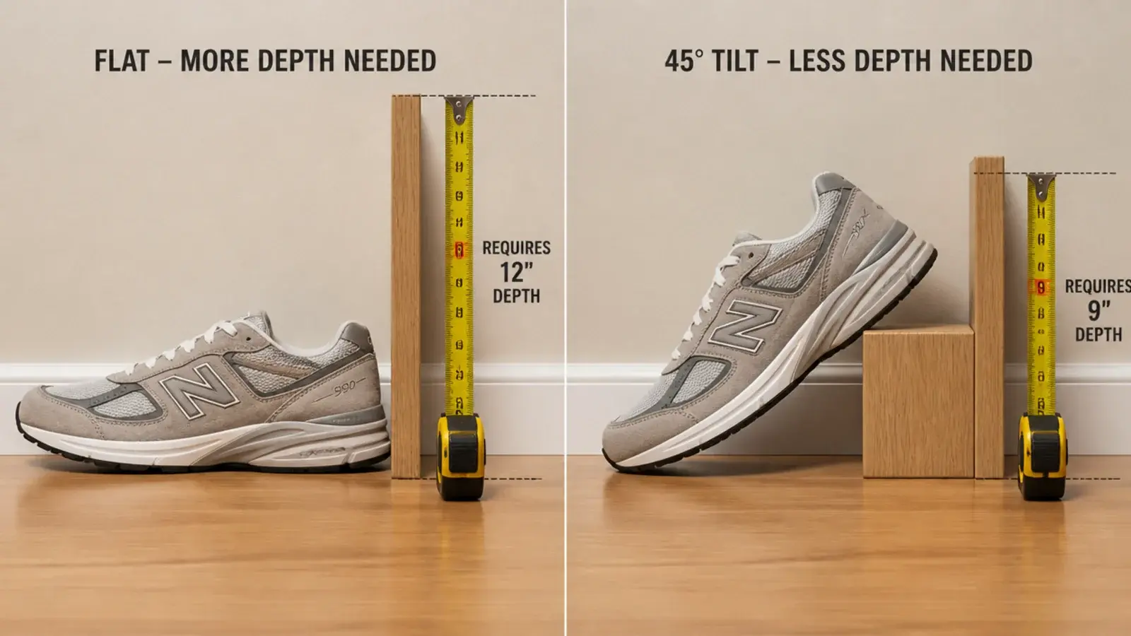 shoes shown flat and tilted side by side comparing storage depth