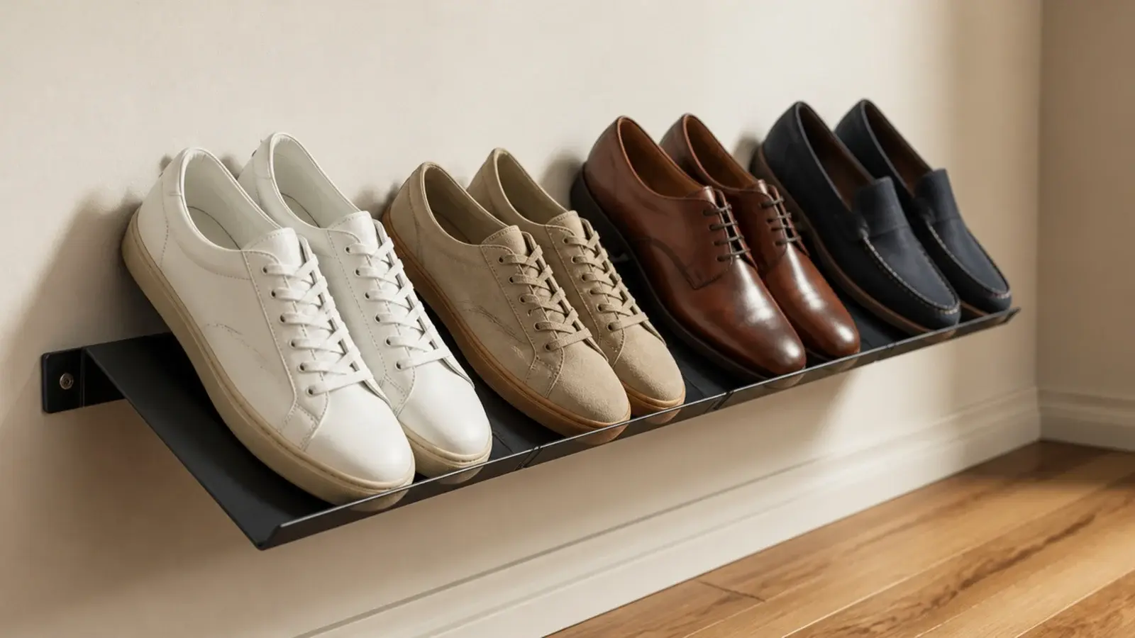 shoes stored at a forty five degree angle on a slim wall rack
