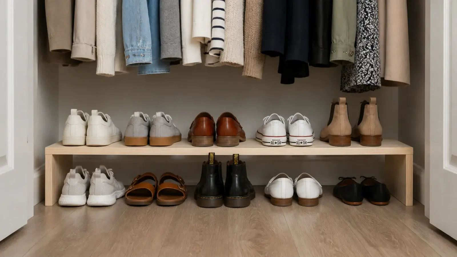 simple wooden riser doubling the shoe rows on a closet floor