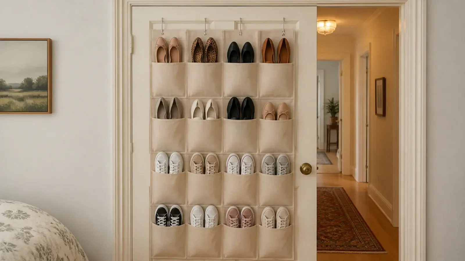 canvas pocket organizer on a bedroom door holding flat shoes