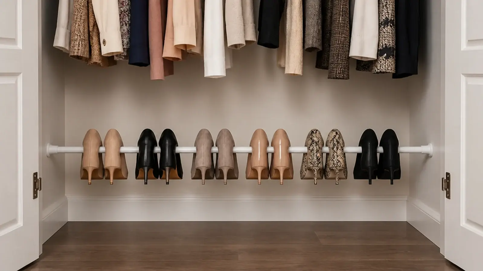 shoes hooked by their heels over a tension rod in a closet base