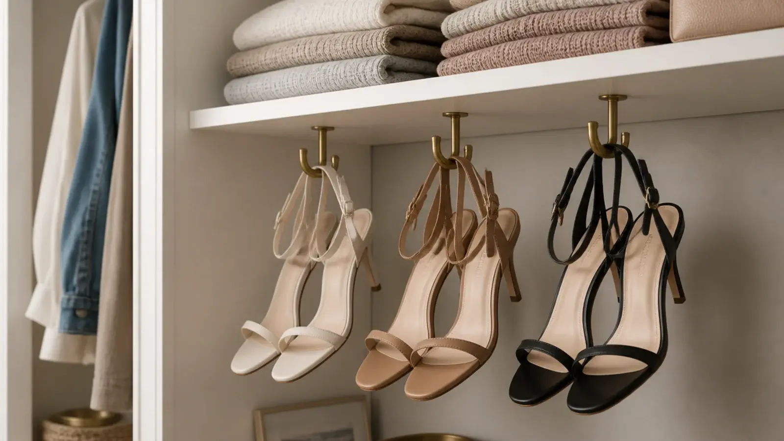 small hooks fitted under a closet shelf holding heels by the straps