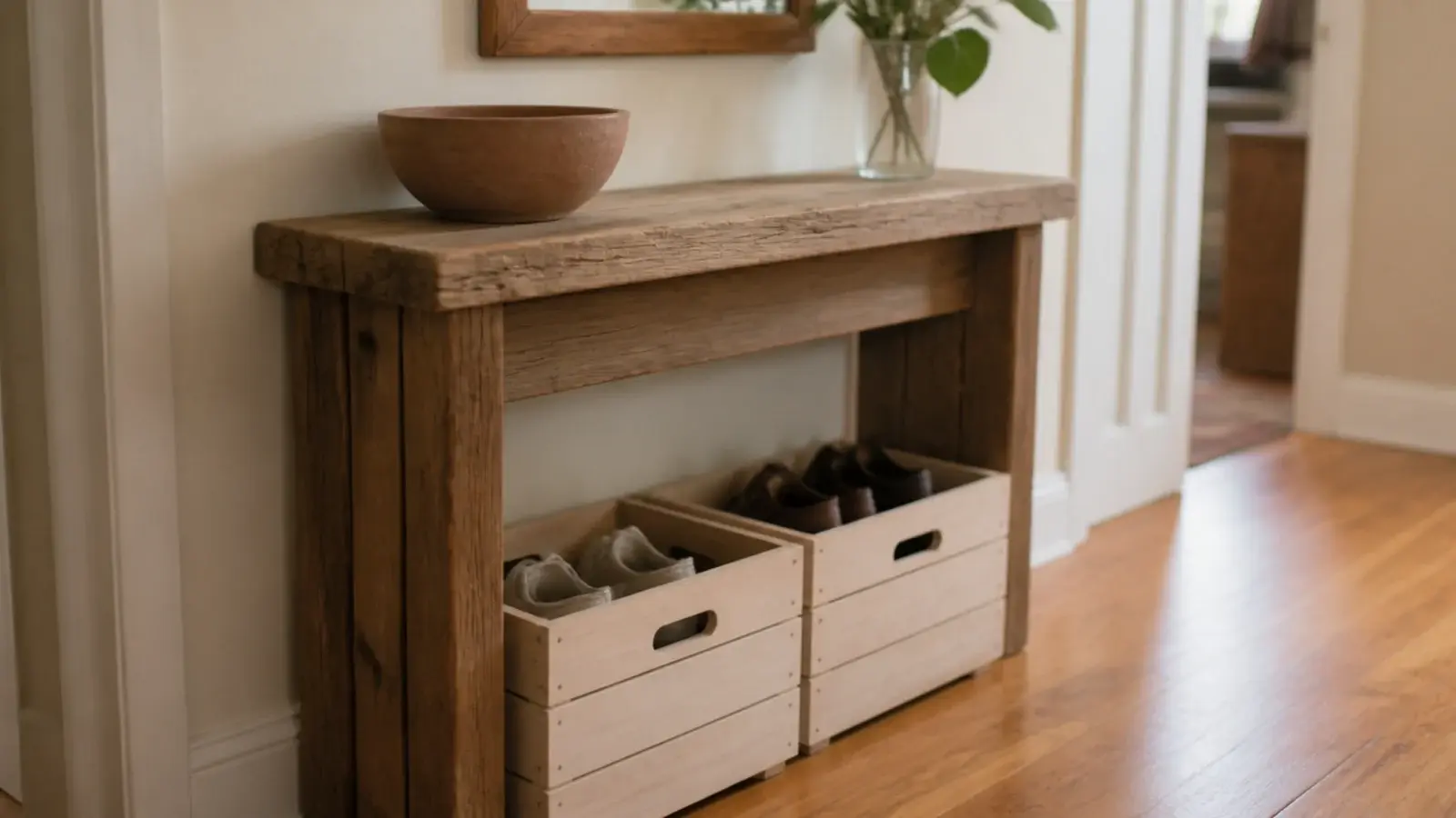 two wooden crates of shoes slotted under a narrow console table