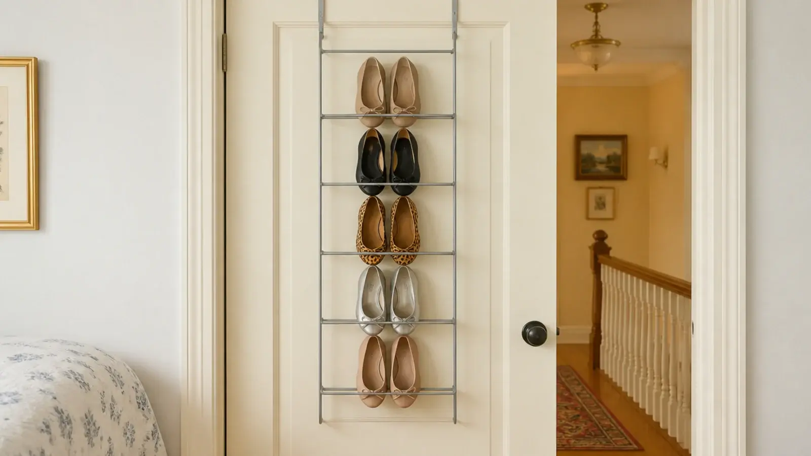 slim shoe rack mounted on the back of a bedroom door holding pairs