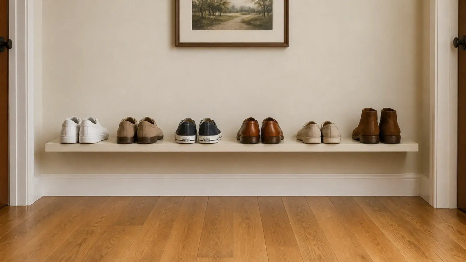 single painted board shelf ten inches above the floor holding shoes