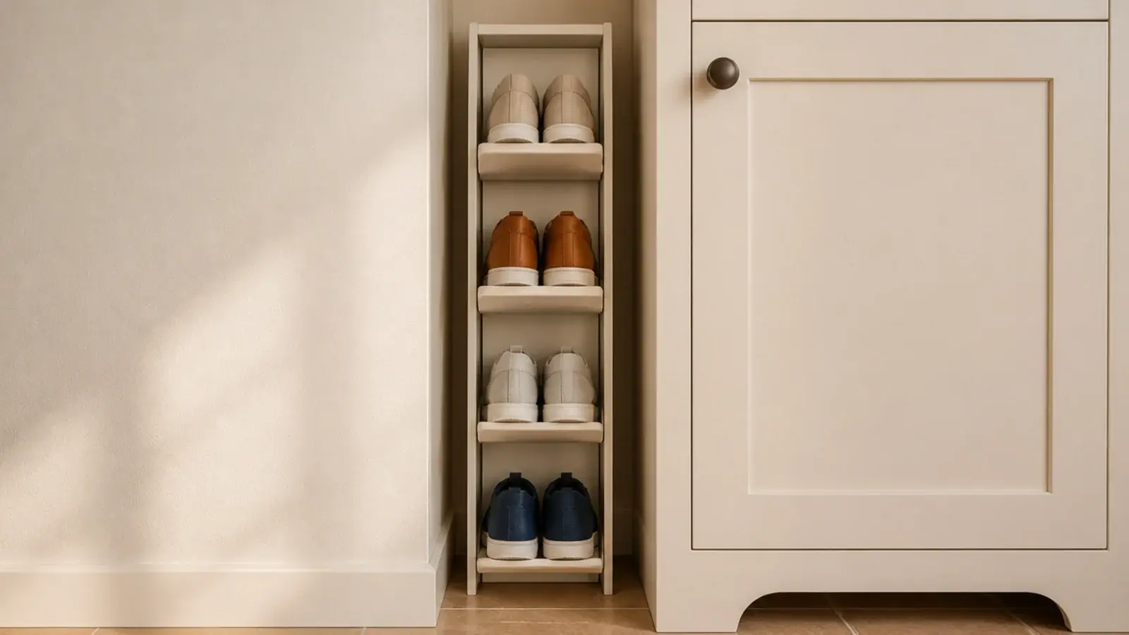 narrow shoe rack fitted into a six inch gap beside a cabinet