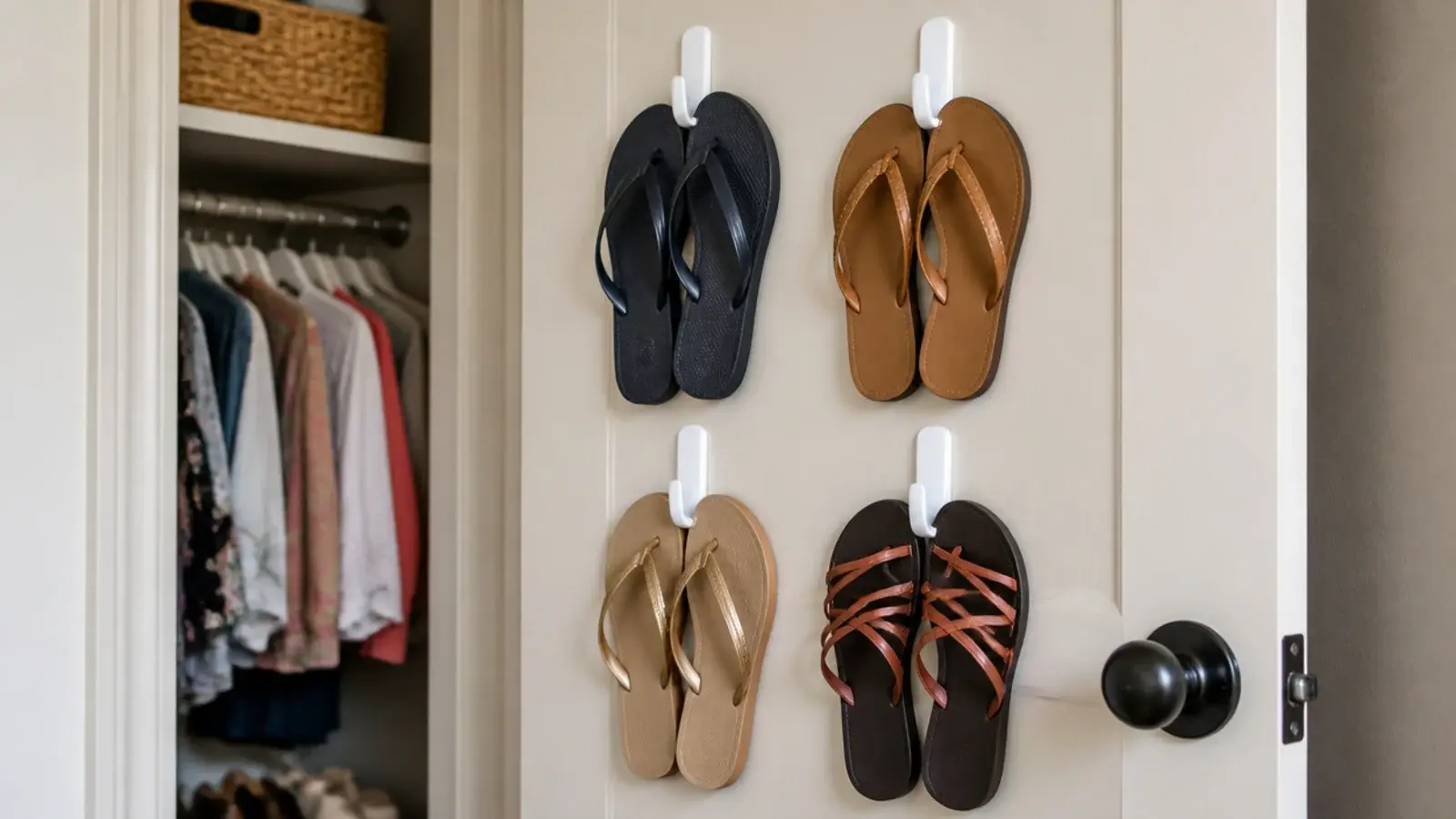 flip flops hanging from small adhesive hooks inside a closet door