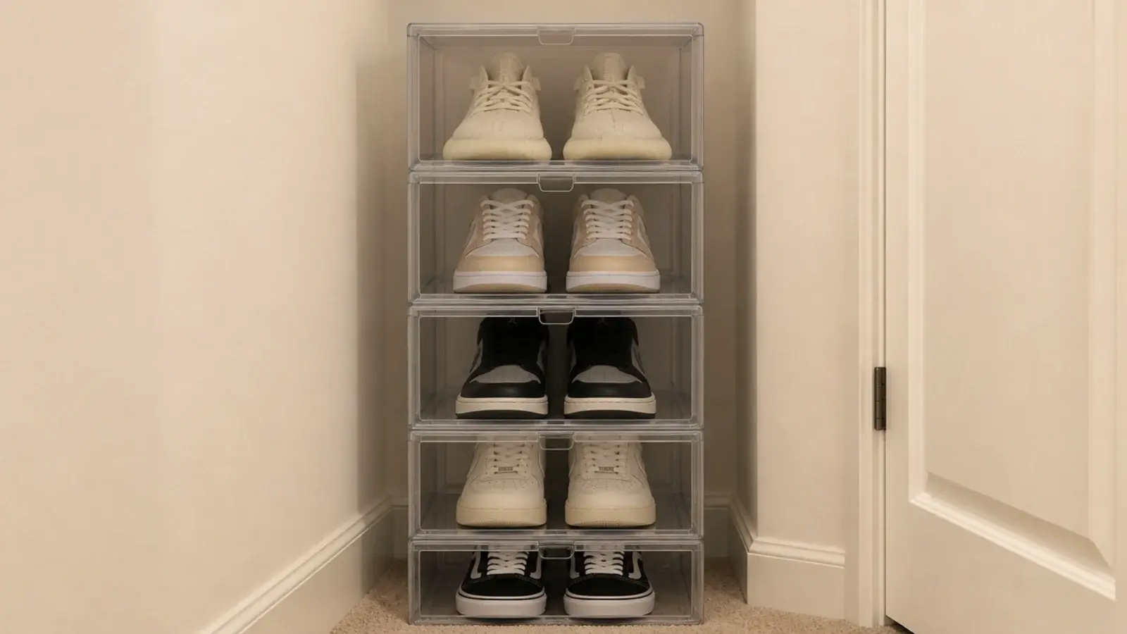 stack of clear shoe boxes showing the pairs stored inside