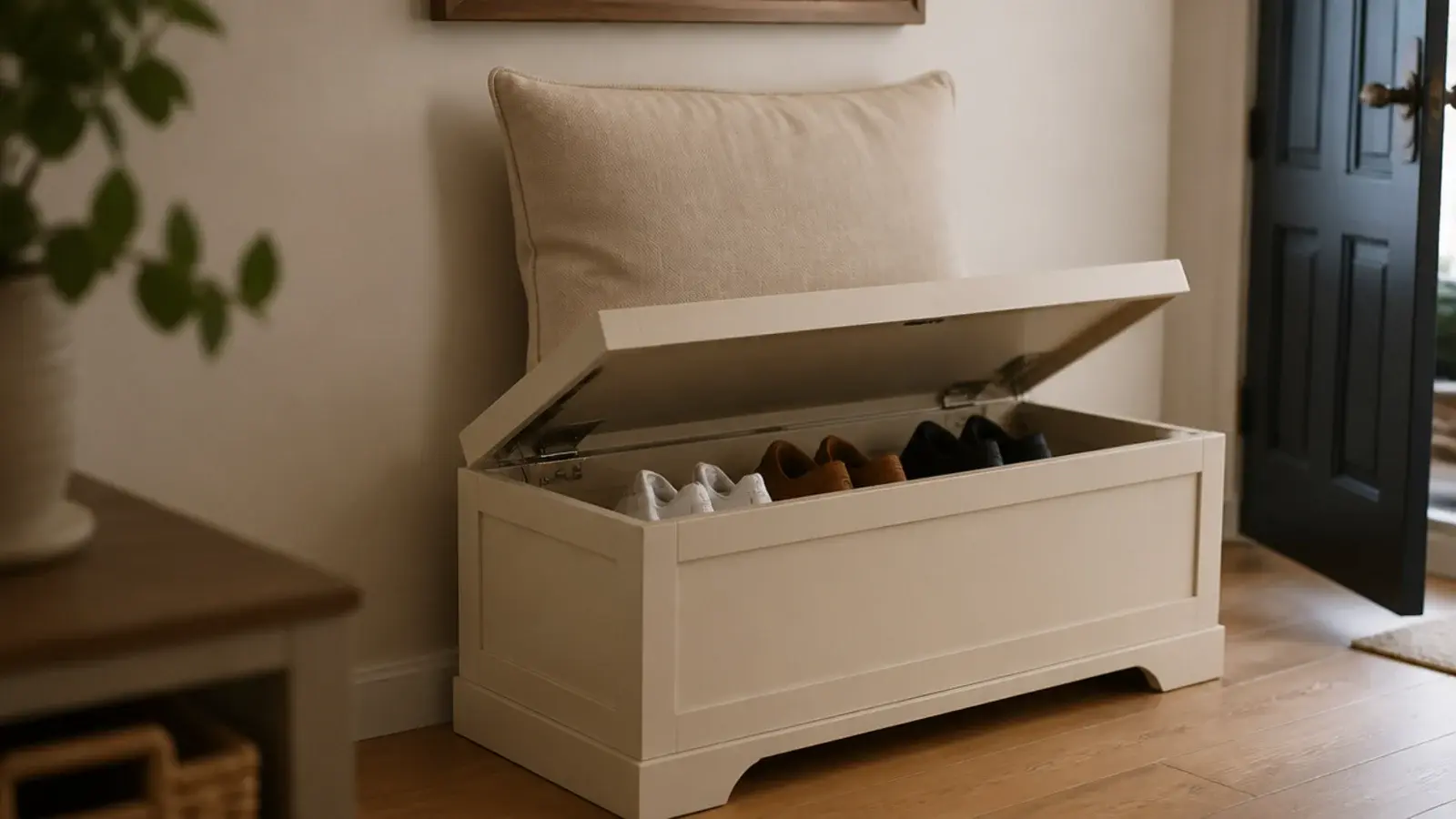 entryway bench with the seat lifted showing shoes stored inside