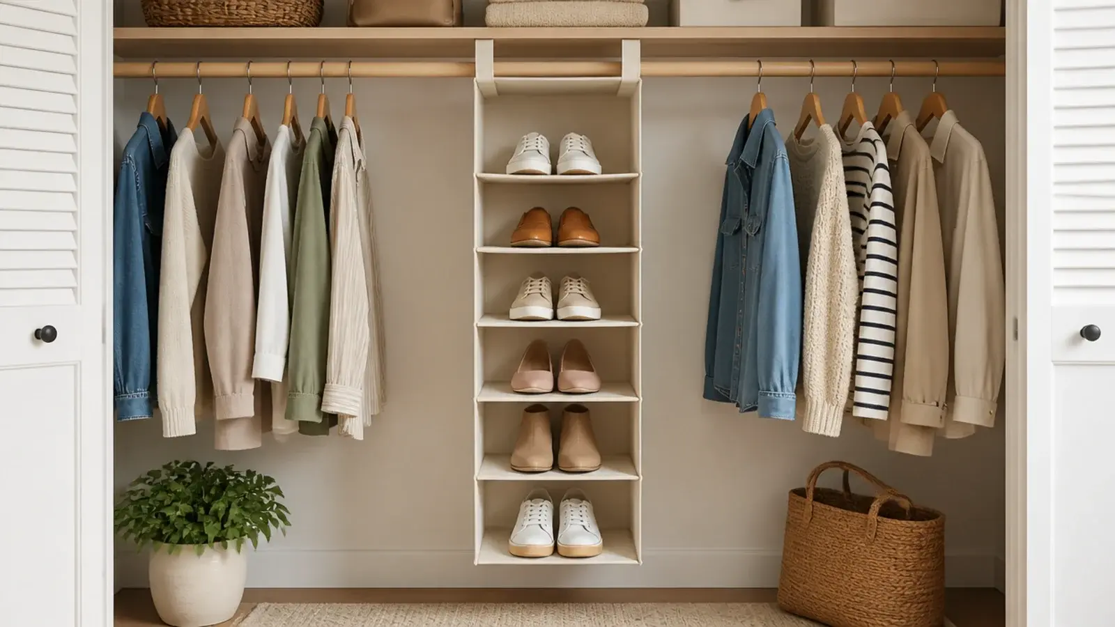 hanging canvas shelf organizer in a closet holding folded shoes