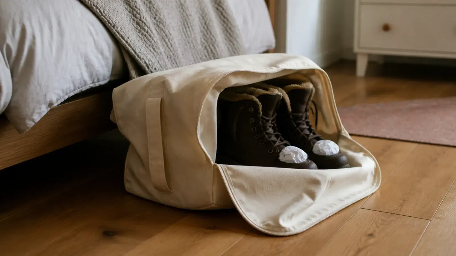 fabric duvet storage bag holding winter boots under a bed