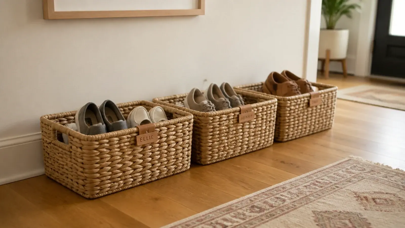 three labelled woven baskets each holding one person shoes