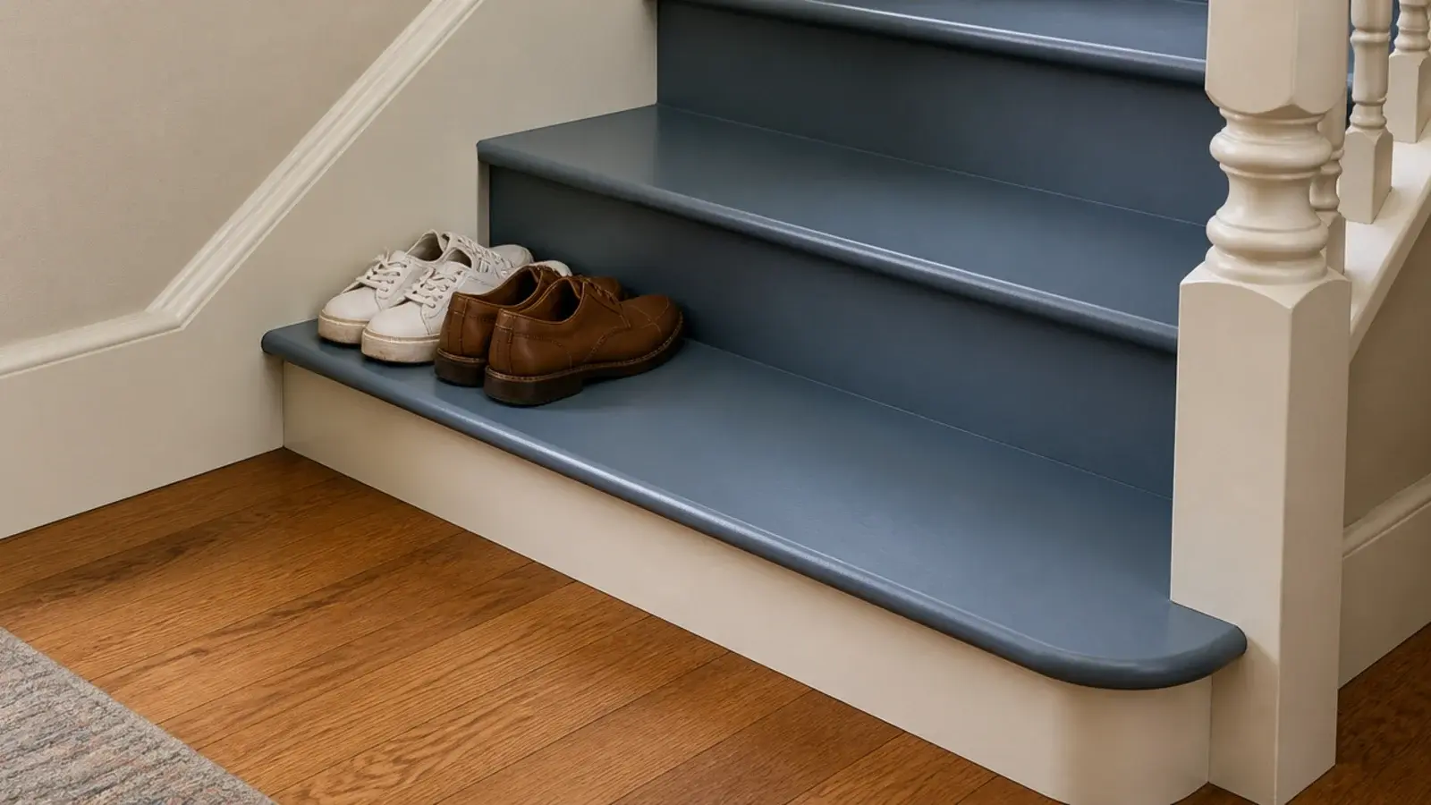 bottom stair tread used as a narrow ledge holding two pairs of shoes
