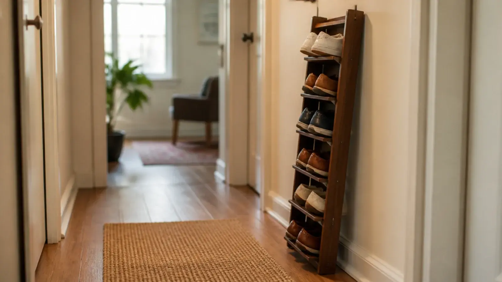 shoe storage in a small space with tilted racks and a slim wall shelf