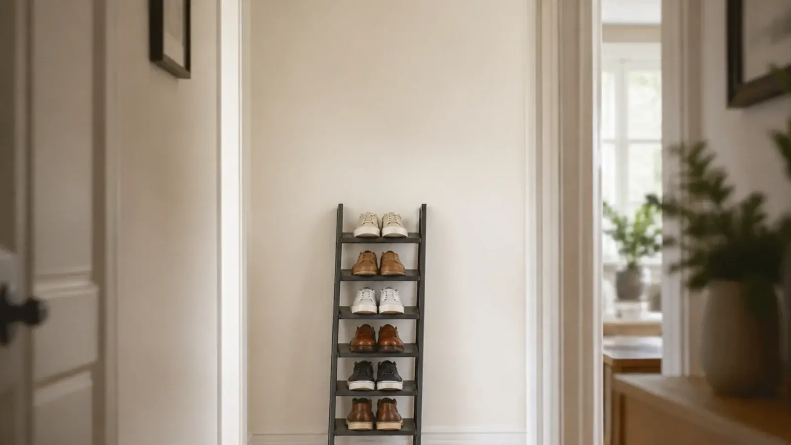 vertical small space shoe storage image with tilted racks in a hallway