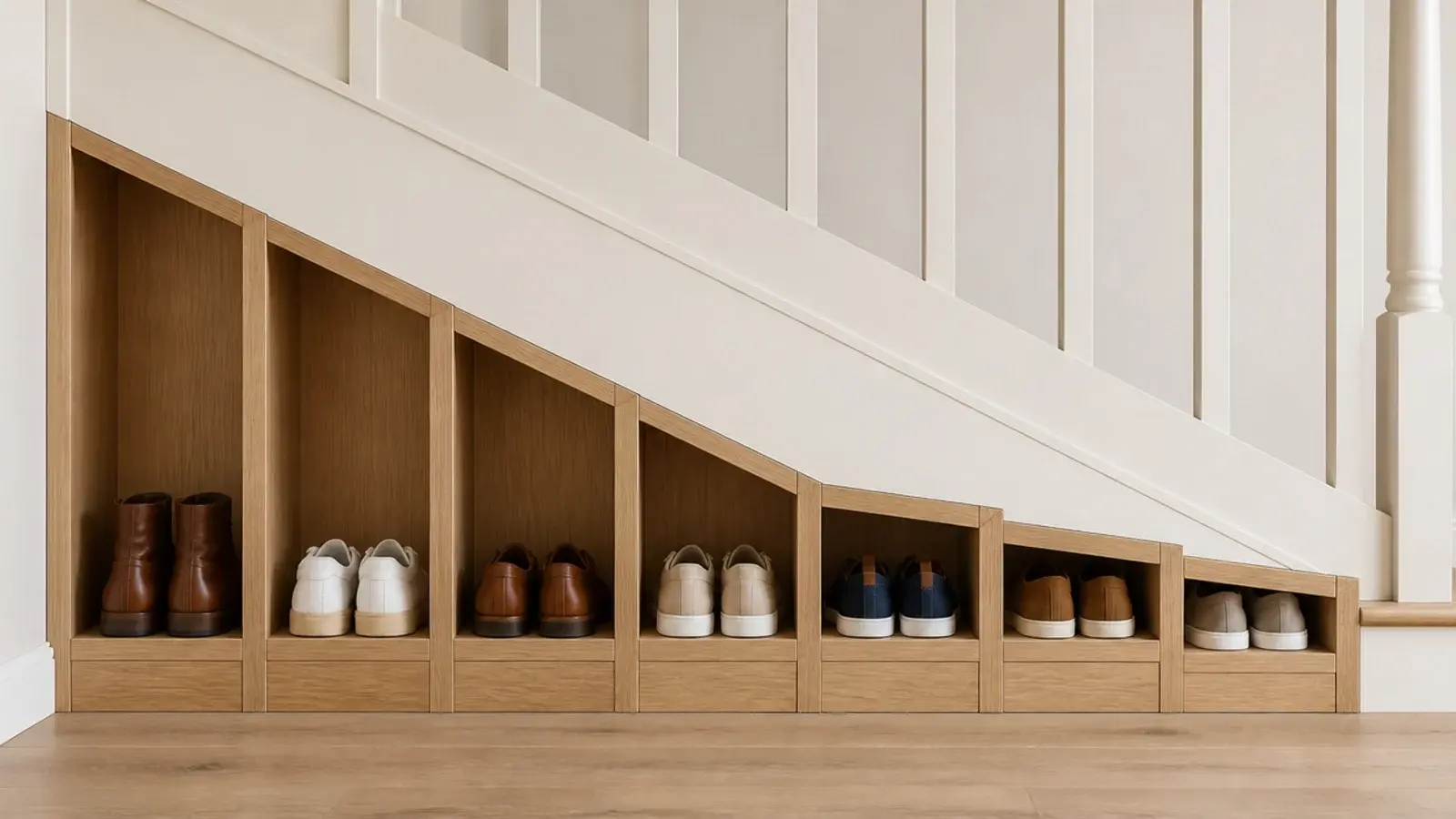 angled shoe cubbies stepping down under a staircase holding pairs