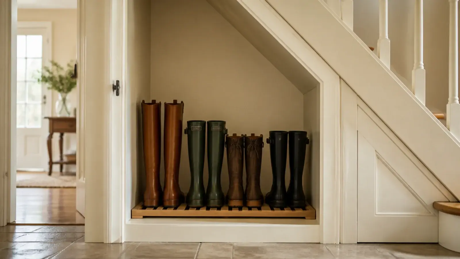 tall boot bay under the high end of a staircase holding leather boots