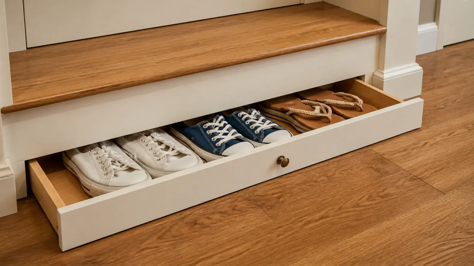 flat toe kick drawer pulled from beneath the bottom stair riser