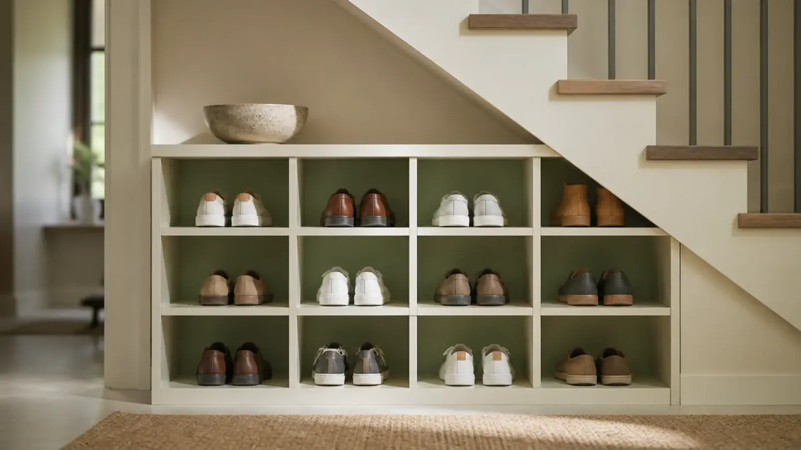 open under stairs shoe cubbies with a sage painted back panel