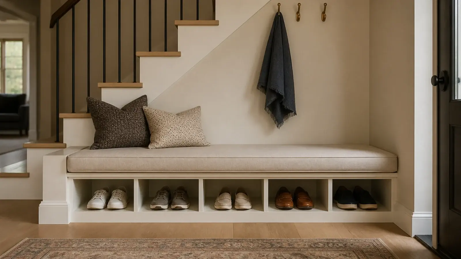 built in bench under a staircase with shoe cubbies below the seat