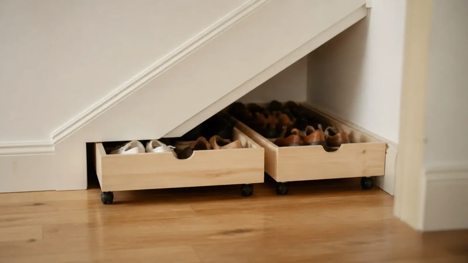 low rolling crates of shoes tucked into a shallow staircase corner