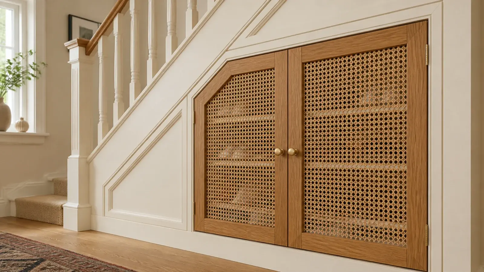 cane fronted under stairs shoe cupboard doors with visible airflow gaps