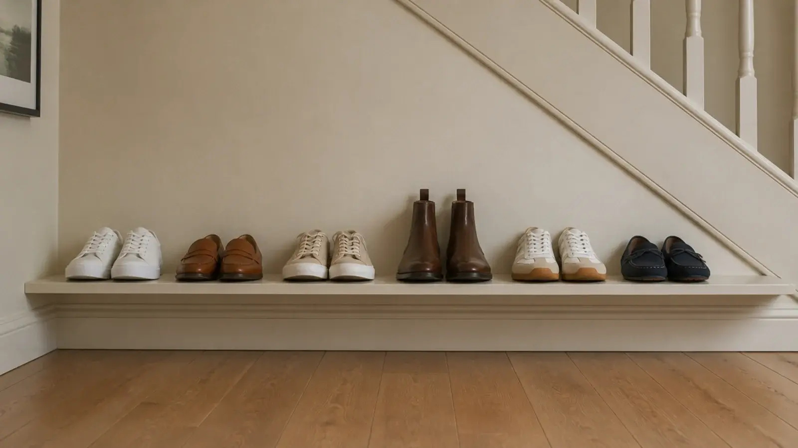 shallow shoe shelf mounted low along an under stairs stringer wall