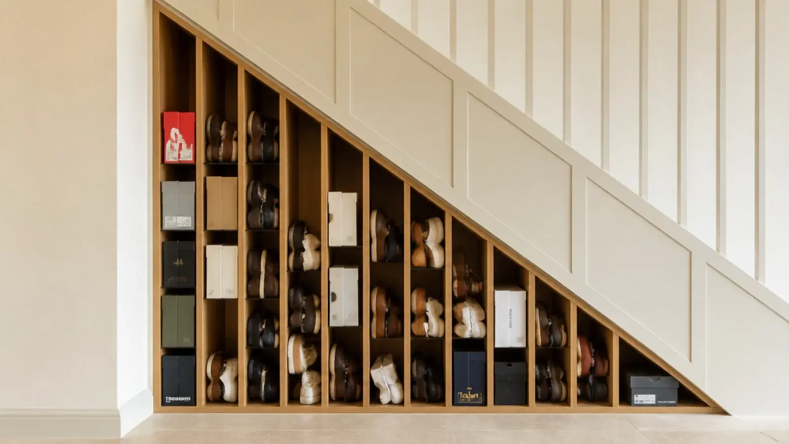 vertical dividers organising shoes in the deep under stairs corner