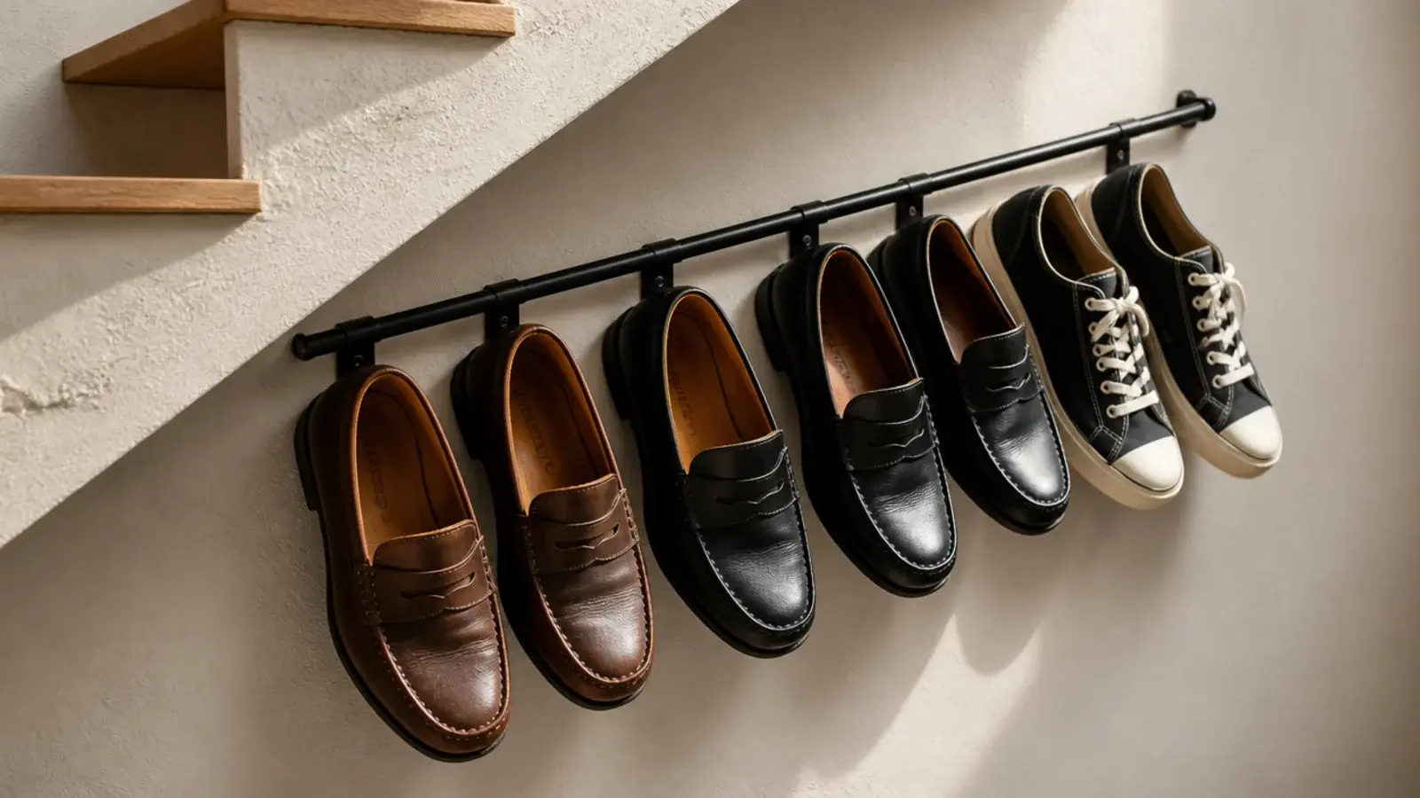 slim rail under a staircase holding flat shoes hooked by their heels
