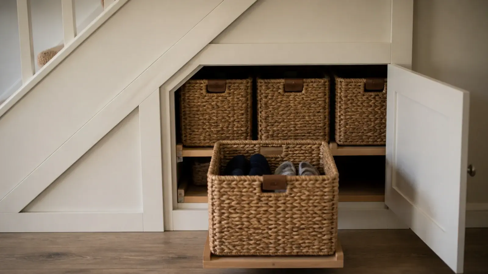 woven baskets on runners pulled from an under stairs shoe cupboard