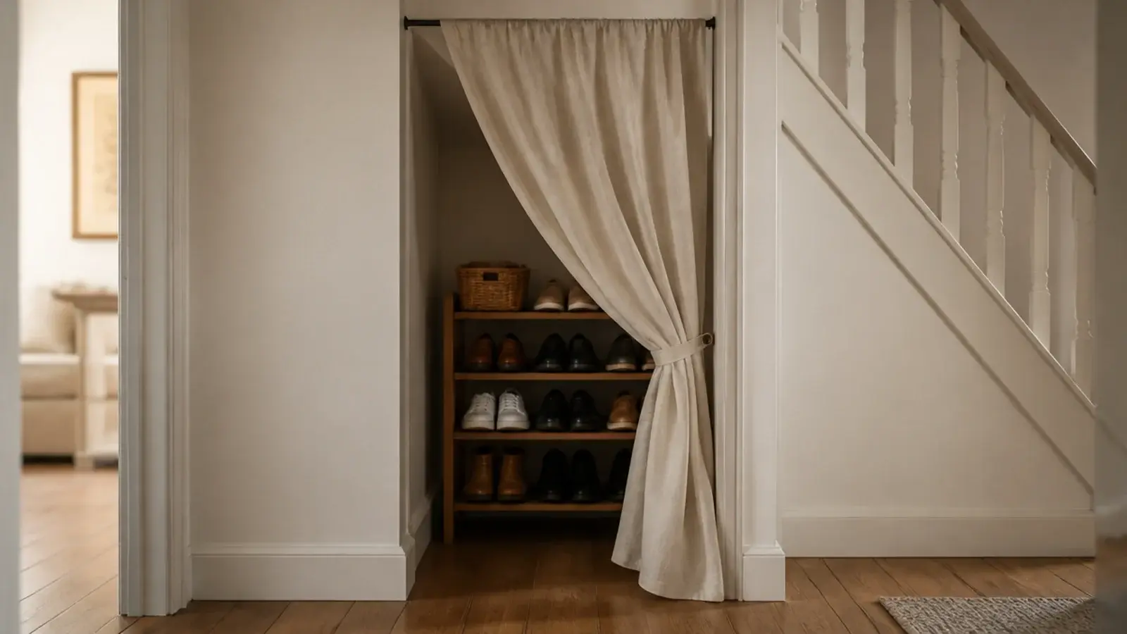 linen curtain hiding an under stairs shoe rack in a rental hallway
