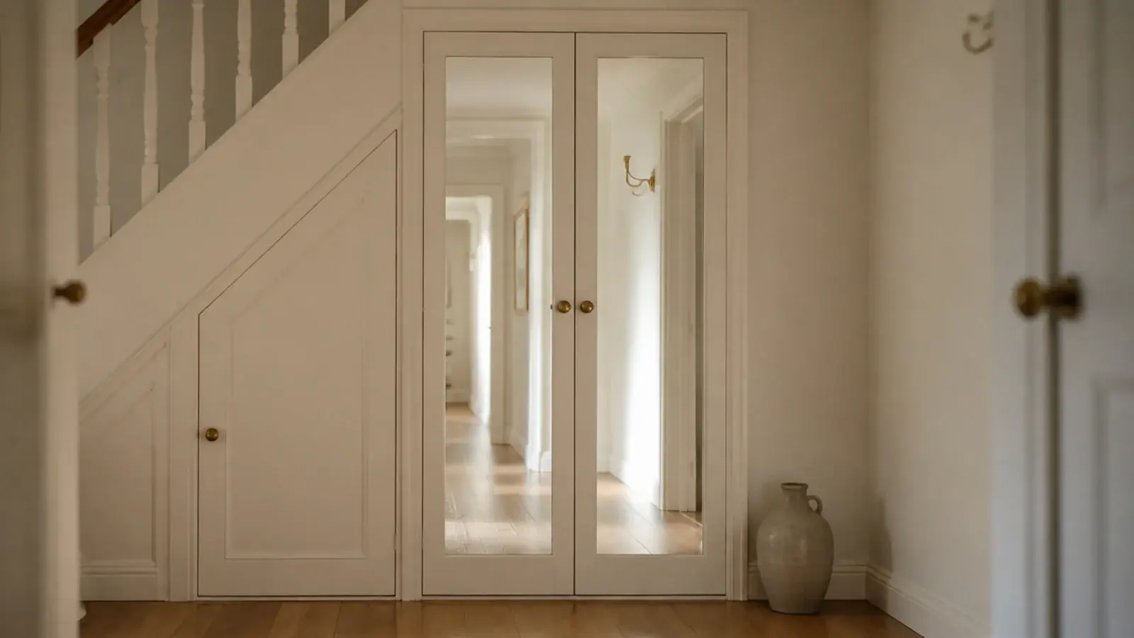 mirrored under stairs cupboard doors reflecting a bright hallway